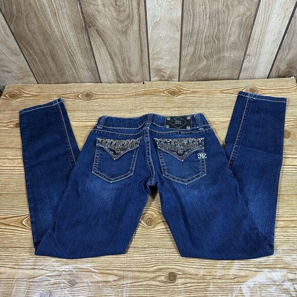 Miss Me Jeans Women’s 27 Blue Skinny JP46565 Sequence Embroidered Flap Pockets - Picture 1 of 16
